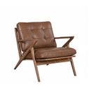 BUTACA ESTACIONARIA CON FRENTE DE PIEL MARRON Y ACABADO DE MADERA