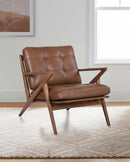 BUTACA ESTACIONARIA CON FRENTE DE PIEL MARRON Y ACABADO DE MADERA