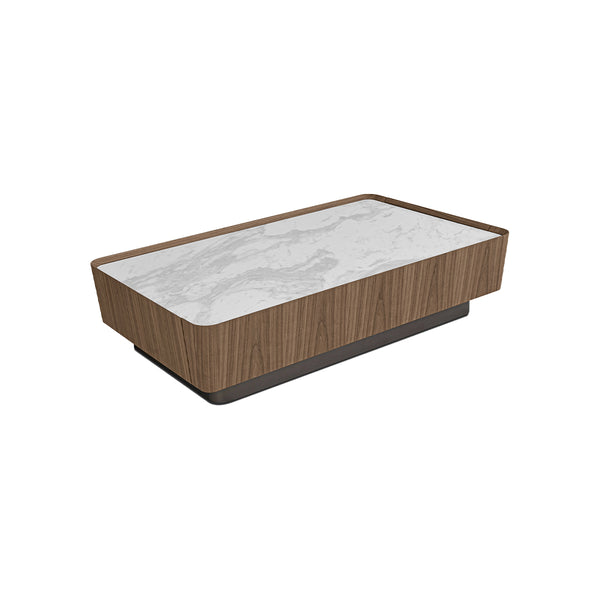 MESA DE CENTRO CON TOPE DE CERAMICA Y BASE ACABADO DE MADERA