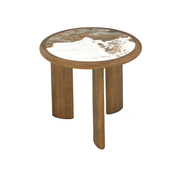 MESA LATERAL CON TOPE DE CERAMICA CON BASE ACABADO DE MADERA