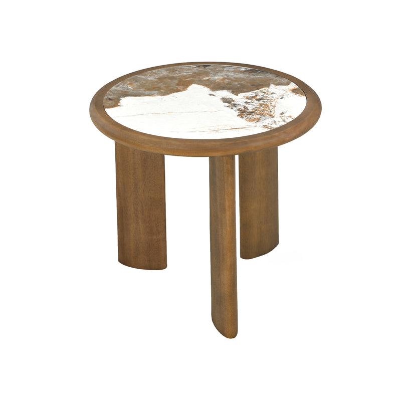 MESA LATERAL CON TOPE DE CERAMICA CON BASE ACABADO DE MADERA