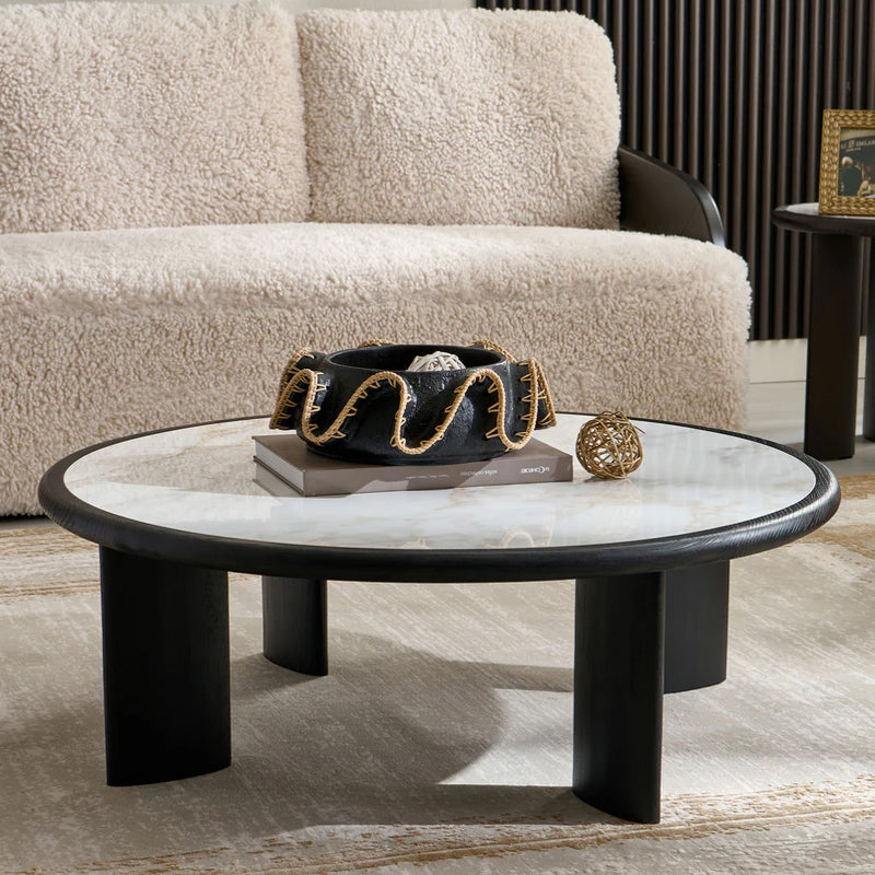 MESA DE CENTRO ACABADO DE MADERA NEGRA Y TOPE ESTILO CERAMICA