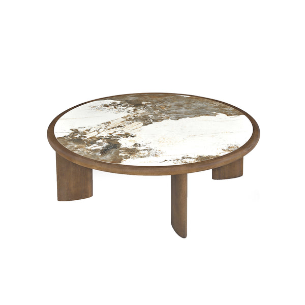 MESA DE CENTRO TOPE CERAMICA Y BASE ACABADO DE MADERA