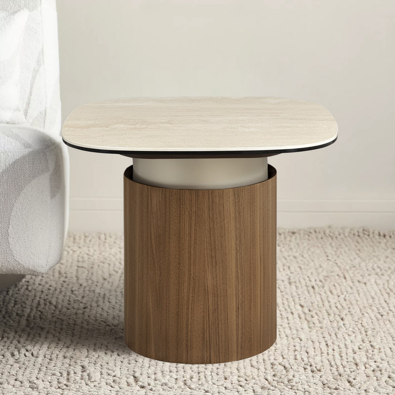 MESA LATERAL DE CERAMICA Y BASE ACABADO DE MADERA