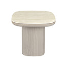 MESA LATERAL CON TOPE DE MARMOL Y BASE ACABADO DE MADERA BEIGE