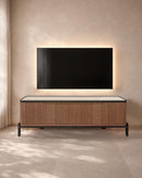 MESA DE TV TOPE DE VIDRIO BLANCO Y ACABADO DE MADERA