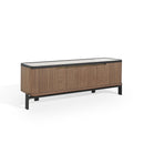 MESA DE TV TOPE DE VIDRIO BLANCO Y ACABADO DE MADERA