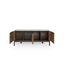 BUFETERA TOPE DE VIDRIO BLANCO Y ACABADO DE MADERA