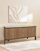 BUFETERA TOPE DE VIDRIO BLANCO Y ACABADO DE MADERA