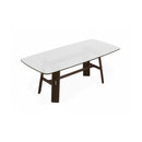 MESA DE COMEDOR TOPE DE VIDRIO BLANCO Y PATAS ACABADO DE MADERA