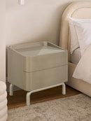 MESA DE NOCHE TOPE DE VIDRIO Y BASE CON PATAS CHAMPAÑA