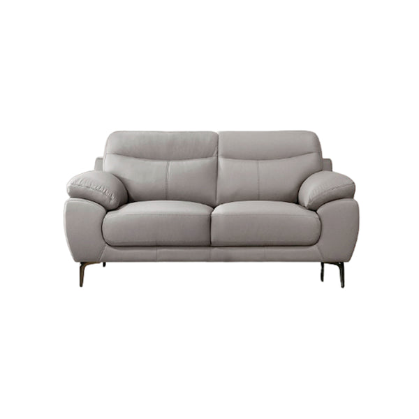 SOFA ESTACIONARIO DE DOS ASIENTOS CON FRENTE DE PIEL GRIS  Y PATAS NEGRAS