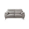 SOFA ESTACIONARIO DE DOS ASIENTOS CON FRENTE DE PIEL GRIS  Y PATAS NEGRAS