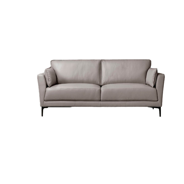 SOFA ESTACIONARIO DE TRES ASIENTOS CON FRENTE DE PIEL GRIS