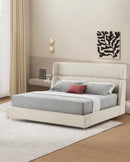 CAMA QUEEN EN TELA BEIGE Y PATAS DORADAS