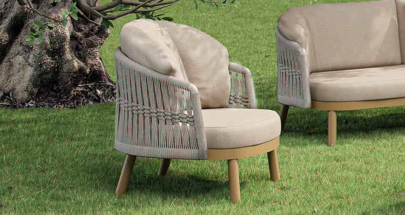 VATICAN SWIVEL LOUNGE ARMCHAIR, TEAK LEGS, FRAM:BEIGE 70108,ROPE:SAND HF-006, CUS:FON180
