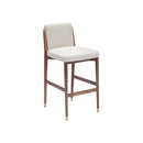 TABURETE DE BAR EN TELA BEIGE Y PATAS ACABADO DE MADERA CON CASQUILLOS DORADOS