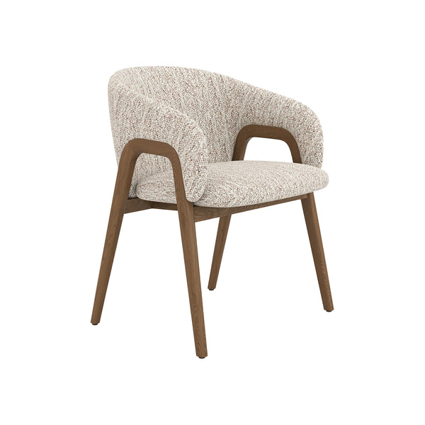 SILLA DE COMEDOR EN TELA TEXTURIZADA BLANCA Y MARRON Y PATAS ACABADO DE MADERA