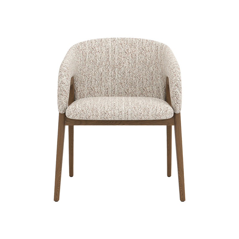 SILLA DE COMEDOR EN TELA TEXTURIZADA BLANCA Y MARRON Y PATAS ACABADO DE MADERA