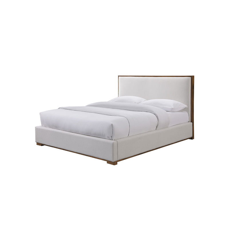 CAMA QUEEN ALLEN EN TELA BEIGE Y PATAS ACABADO DE MADERA