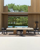 MESA DE COMEDOR DE EXTERIOR EXTENDIBLE TOPE DE CERAMICA Y BASE ACABADO DE MADERA