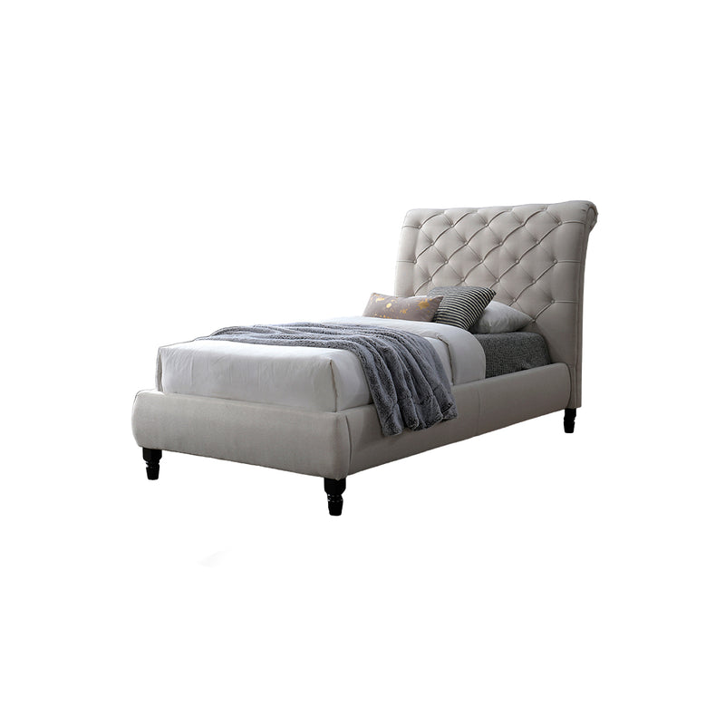 CAMA TWIN EN TELA BEIGE GRISACEA