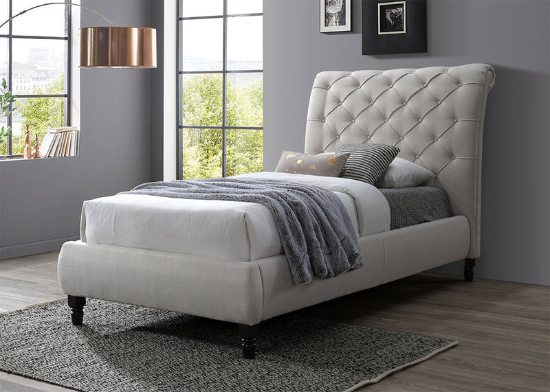 CAMA TWIN EN TELA BEIGE GRISACEA