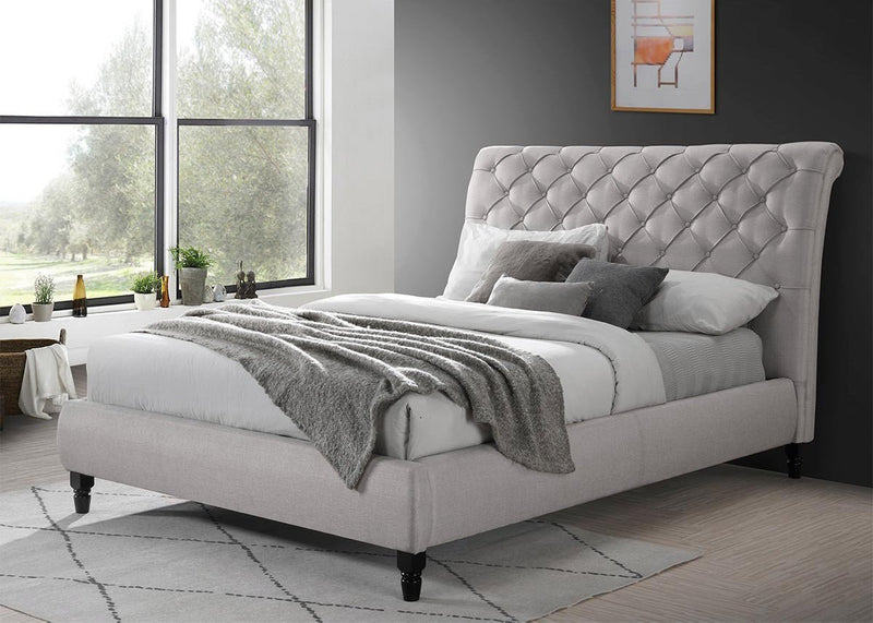 CAMA KING EN TELA BEIGE GRISACEA