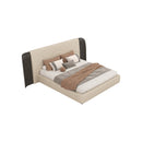 CAMA KING CON FRENTE DE PIEL BEIGE Y ACABADO DE MADERA