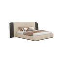 CAMA KING CON FRENTE DE PIEL BEIGE Y ACABADO DE MADERA