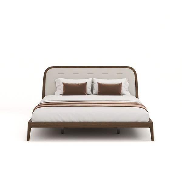 CAMA KING ACABADO DE MADERA Y FRENTE DE PIEL BEIGE