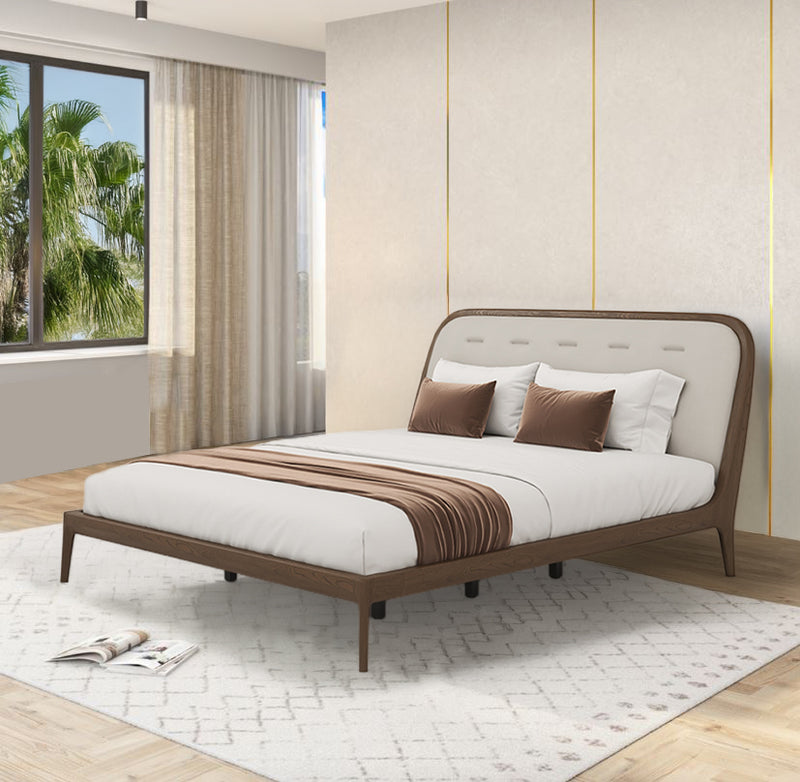 CAMA KING ACABADO DE MADERA Y FRENTE DE PIEL BEIGE