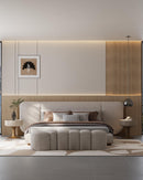 CAMA KING EN TELA BEIGE