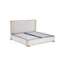CAMA KING EN TELA BEIGE ACABADO DE MADERA