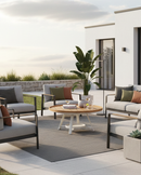 MESA CENTRO DE EXTERIOR CON TOPE ACABADO MADERA Y BASE BEIGE GREY