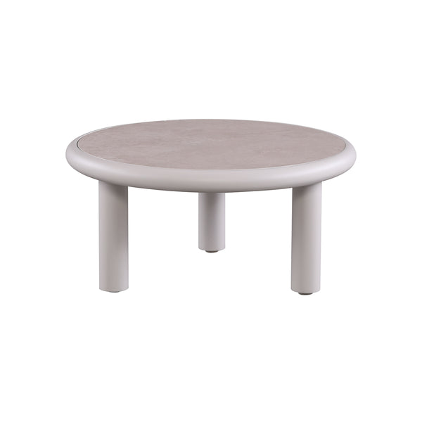 MESA DE CENTRO DE EXTERIOR TOPE DE CERAMICA Y MARCO BEIGE
