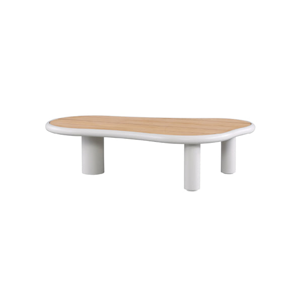 MESA DE CENTRO DE EXTERIOR BLANCA CON TOPE ACABADO DE MADERA