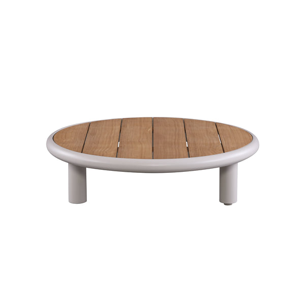 MESA DE CENTRO DE EXTERIOR BEIGE CON TOPE ACABADO DE MADERA