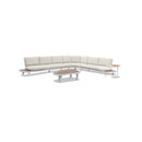 SOFA SECCIONAL DE EXTERIOR EN TELA BEIGE Y MARCO BLANCO CON TOPE TECA