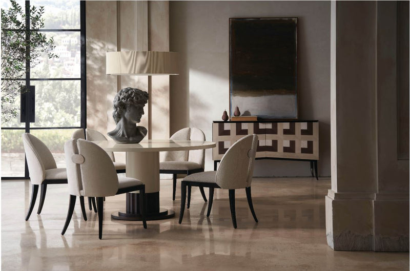 SILLA DE COMEDOR EN TELA BEIGE Y PATAS NEGRAS