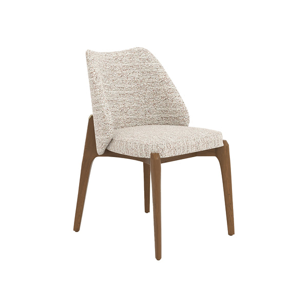 SILLA DE COMEDOR EN TELA TEXTURIZADA BLANCA Y MARRON Y PATAS ACABADO DE MADERA