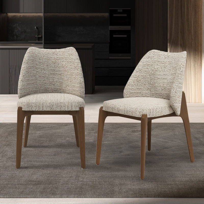 SILLA DE COMEDOR EN TELA TEXTURIZADA BLANCA Y MARRON Y PATAS ACABADO DE MADERA