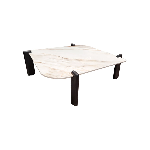 MESA DE CENTRO TOPE DE CERAMICA Y BASE MADERA NEGRA