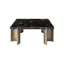 MESA DE CENTRO TOPE ESTILO MARMOL NEGRO Y BASE DORADA