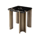 MESA LATERAL TOPE ESTILO MARMOL NEGRO Y BASE DORADA