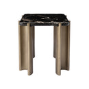 MESA LATERAL TOPE ESTILO MARMOL NEGRO Y BASE DORADA
