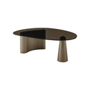 MESA DE CENTRO TOPE DE VIDRIO AHUMADO Y BASE METAL DORADA
