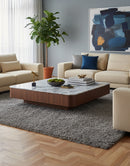 MESA DE CENTRO CON TOPE DE TIPO MARMOL NATURAL VICTORIA CON BASE DE MDF COLOR NOGAL