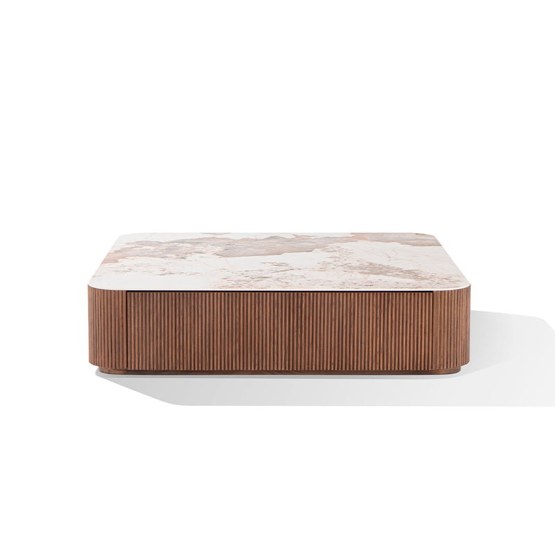MESA DE CENTRO TOPE ESTILO MARMOL Y BASE ACABADO DE MADERA