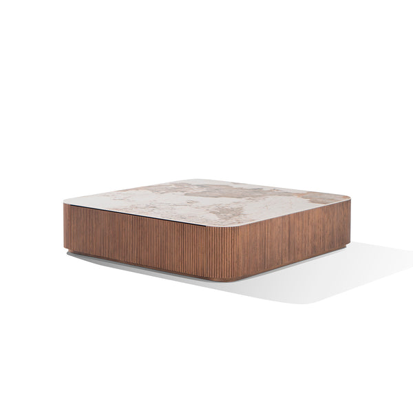 MESA DE CENTRO TOPE ESTILO MARMOL Y BASE ACABADO DE MADERA